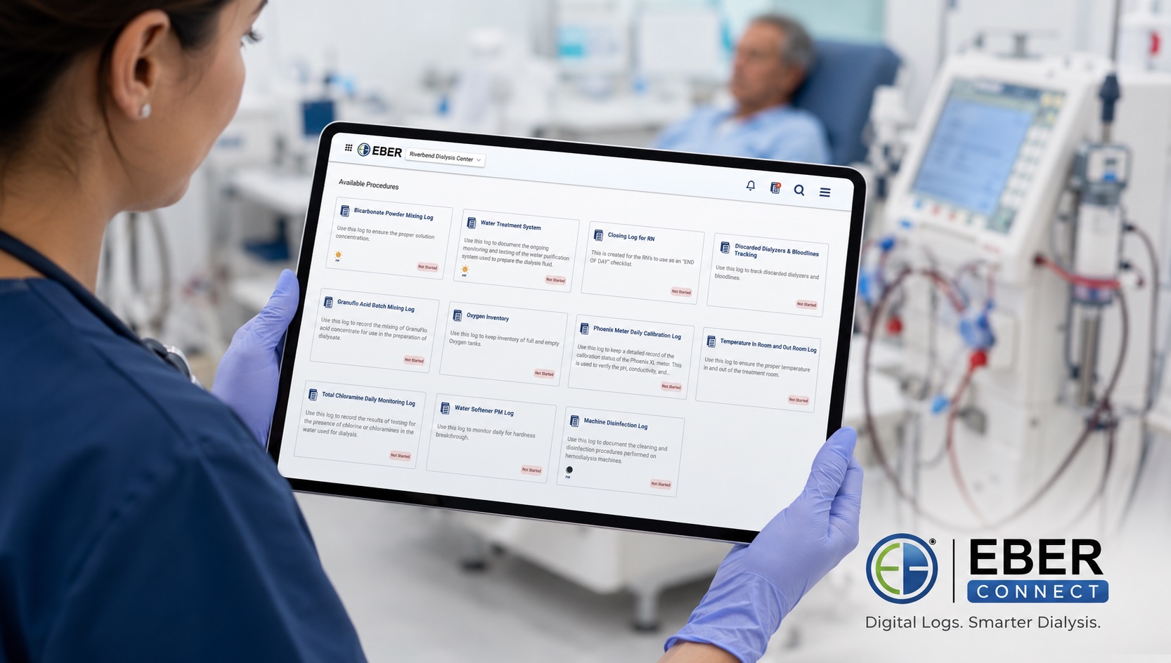 Dialysis technician using the EBER digital logs dashboard on a tablet at a patient's bedside